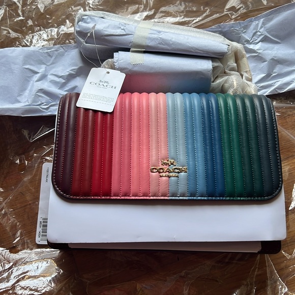 COACH RAINBOW ANNA FOLDOVER CROSSBODY CLUTCH LINEAR STRIPE QUILTED PRIDE PURSE - Picture 7 of 8